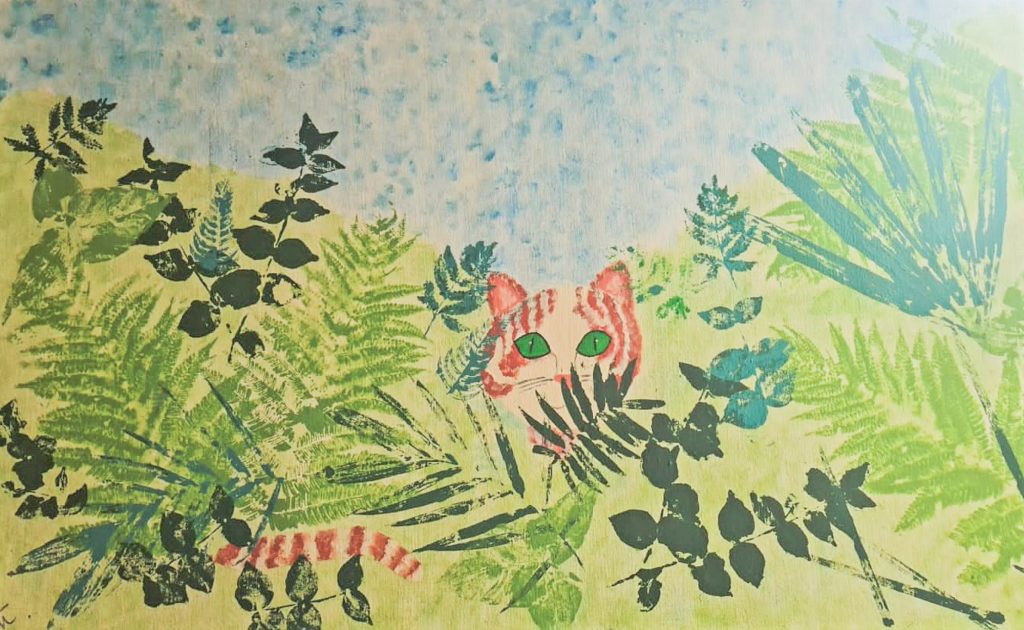 Canvas floor cloth painted with jungle and cat