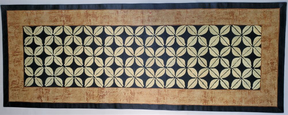 hand painted canvas runner rug, canvas floor cloth, painted with cowrie shells, black background, tan jute stamp design, cream colored shells