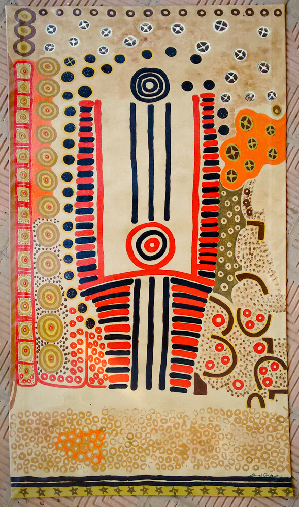 Handcrafted canvas rug painted aboriginal designs