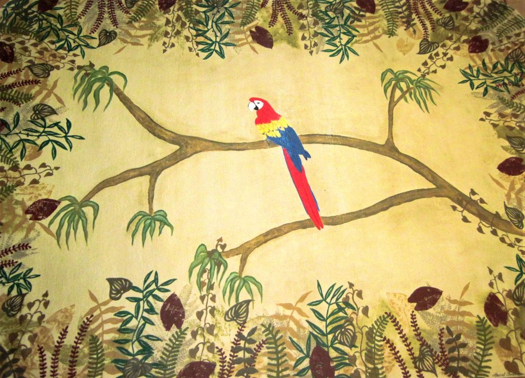 Large canvas rug painted with plant outlines and parrot