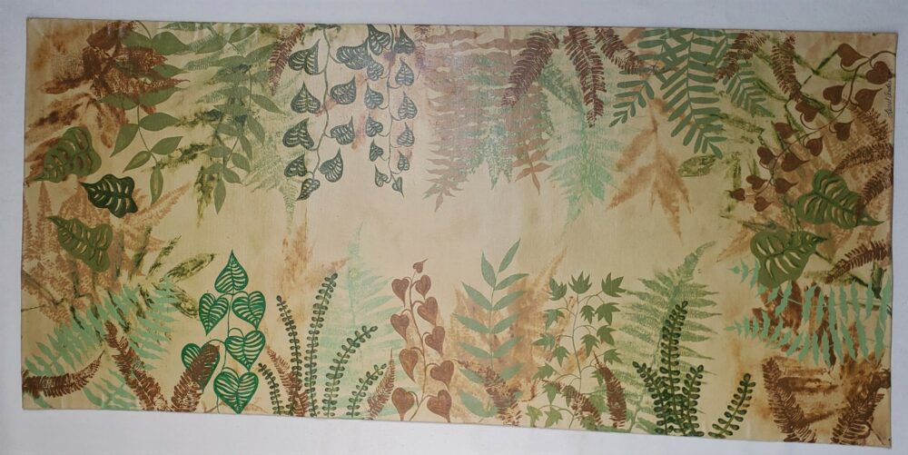 Canvas mat, hand painted floorcloth, Plants in greens and browns