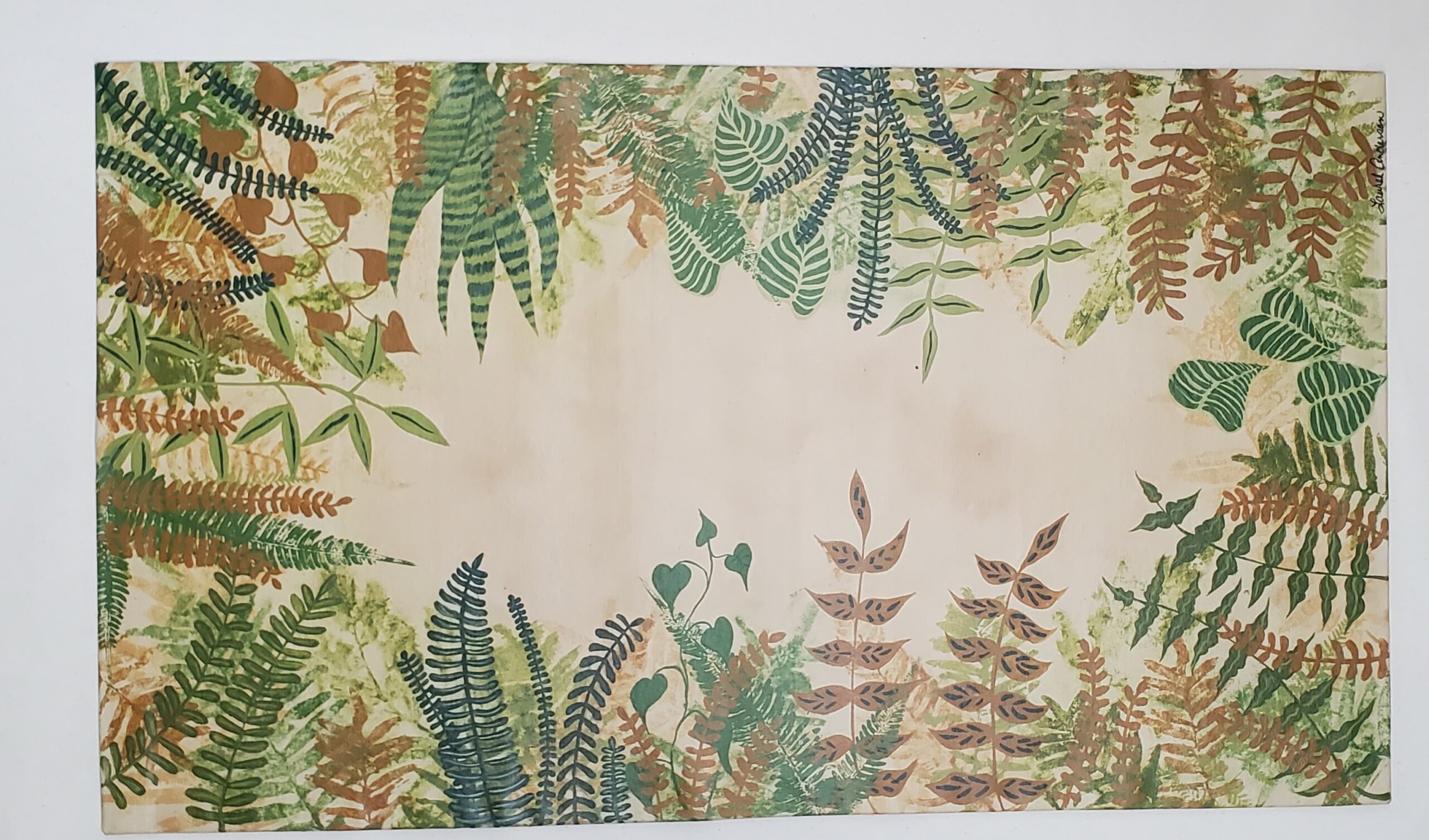 canvas floorcloth Plant life with greens, jungle plants on border canvas mat, canvas floor cloth
