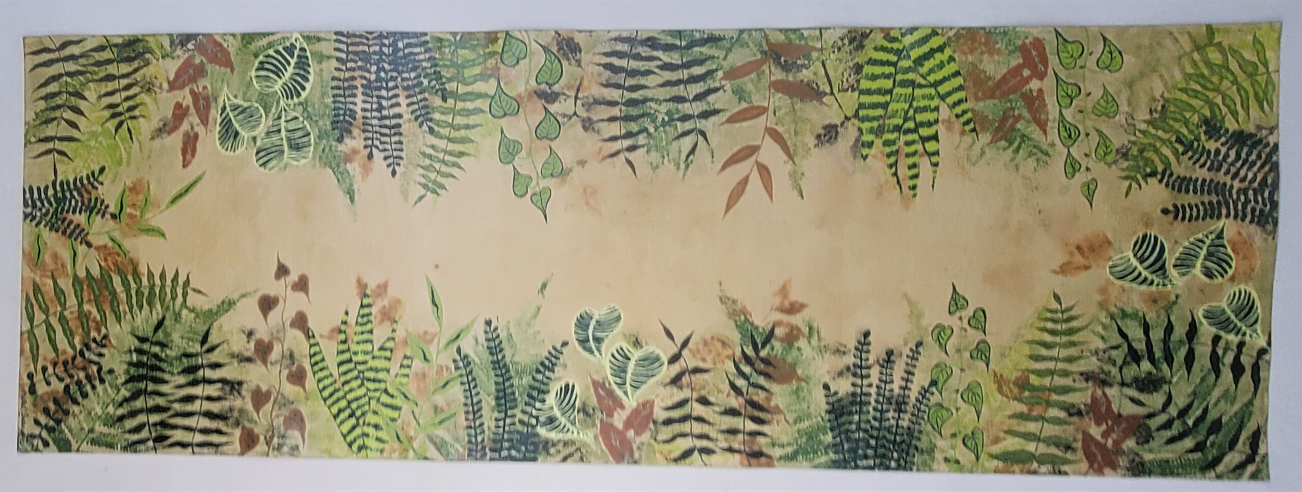 runner rug with tropical plants in greens and browns