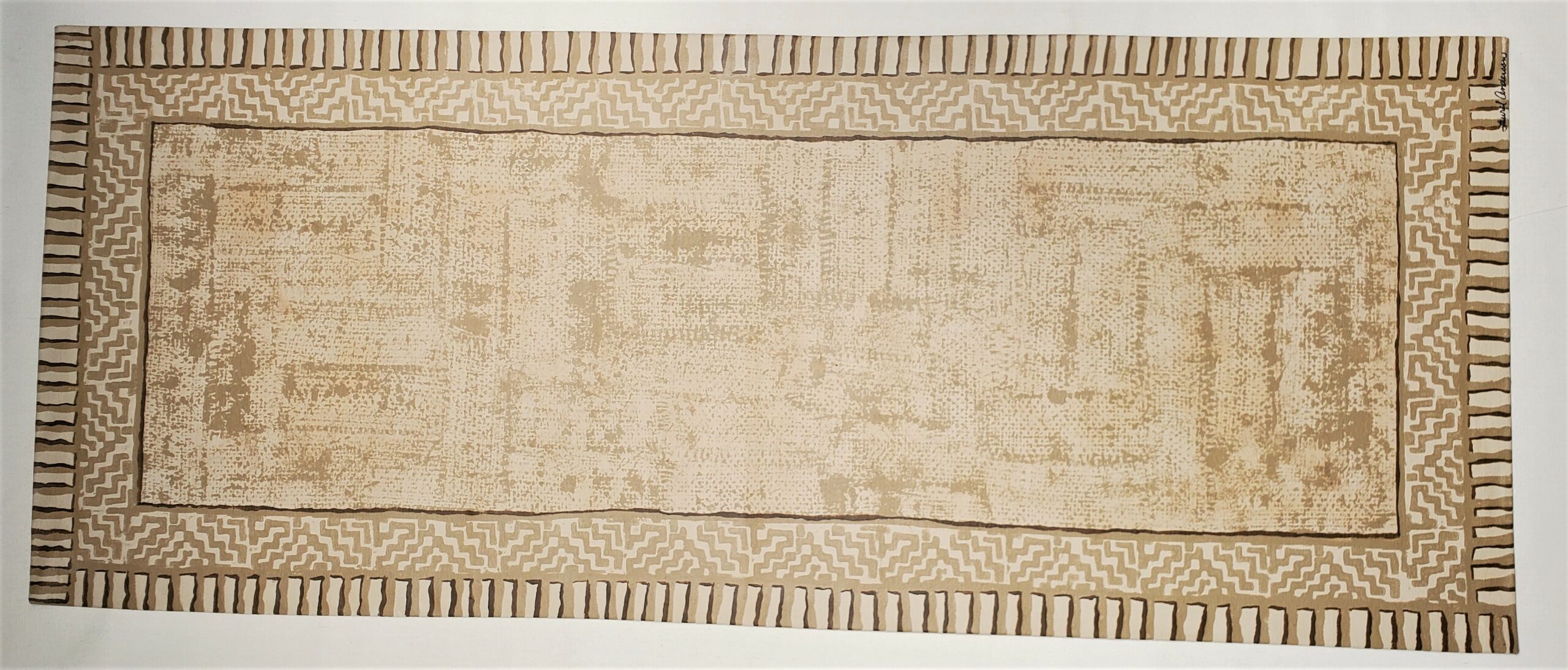 Handpainted canvas runner rug, neutral tones, natural fiber look, jute stamp, ethnic stamp borders